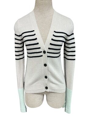 MARIA MCMANUS Featherweight Slim Stripe Cashmere Cardigan Sweater Cream Black XS
